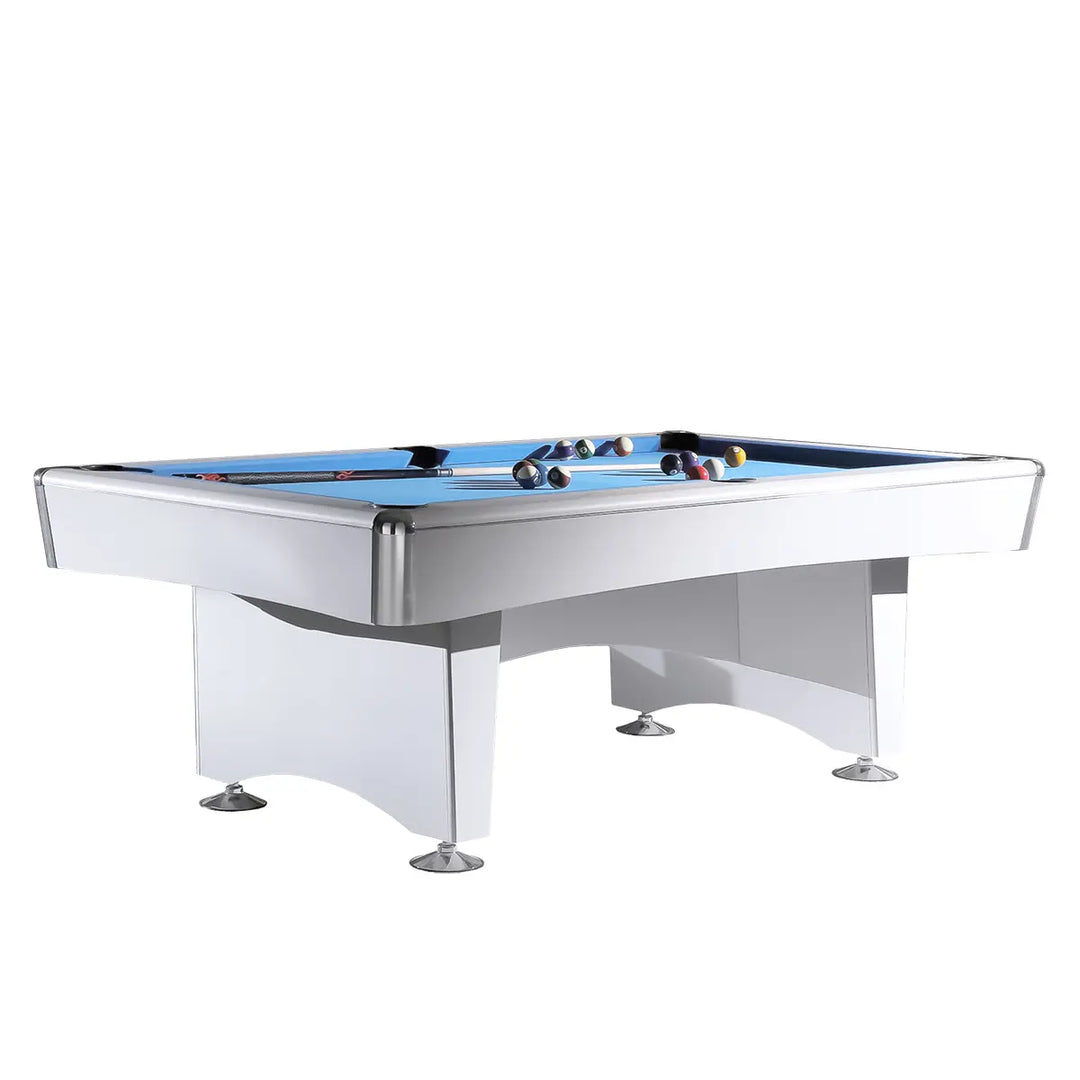 Moderner Billardtisch Granada in edler weißer Optik mit massiven Balkenfüßen und blauem Turniertuch.
